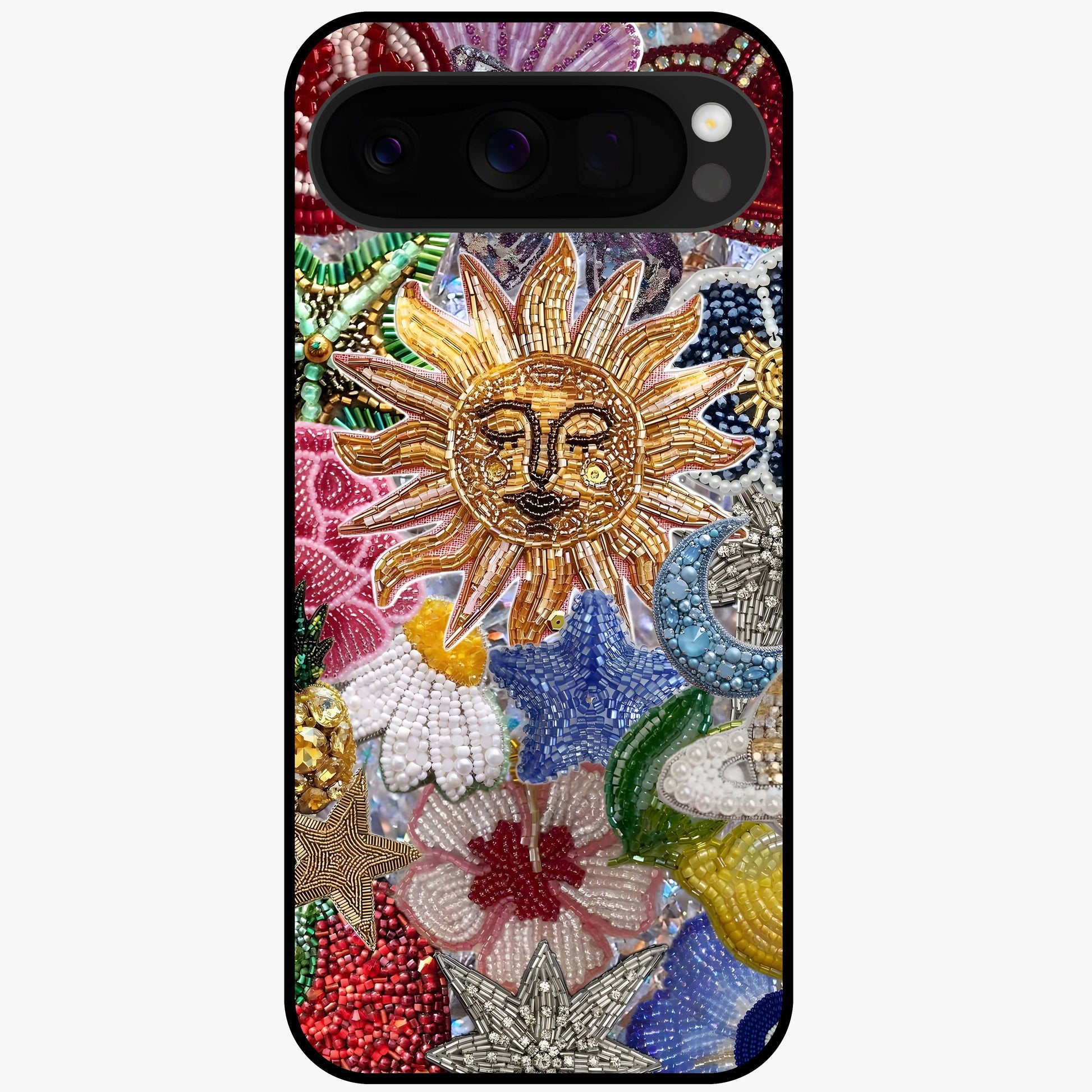 Celestial Floral and Playful Glass Case showing flat back view with floral and celestial themed artwork and glossy glass finish.
