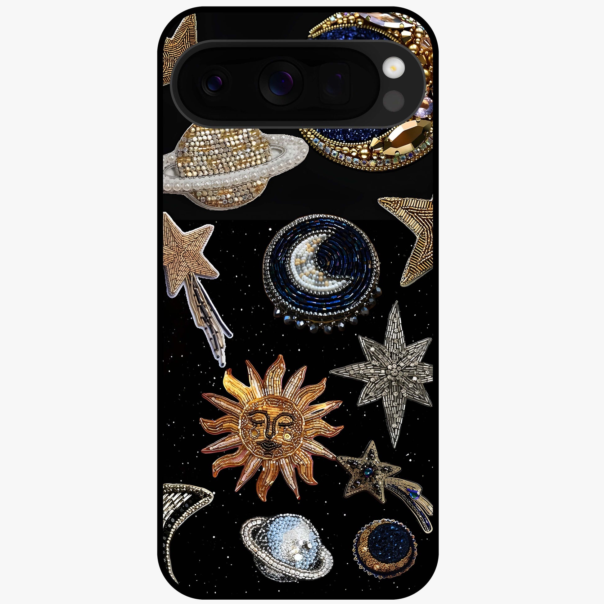 Celestial Gem Constellations Glass Case showing flat back view with sparkling constellation artwork and glossy glass finish.