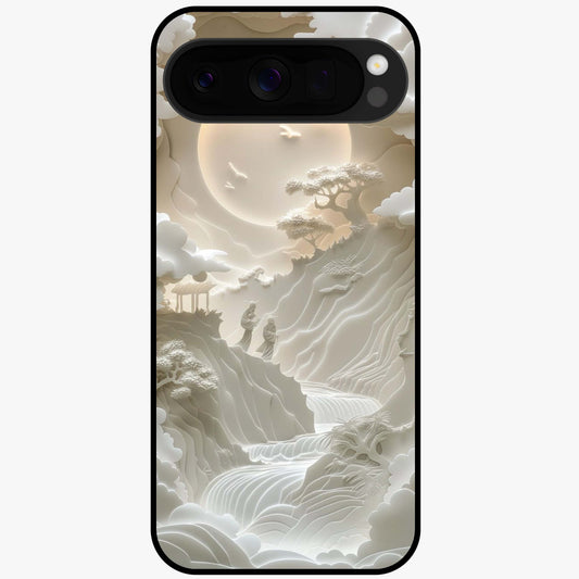 Celestial Origami Glass Case showing flat back view with artistic origami inspired celestial artwork and glossy glass finish.