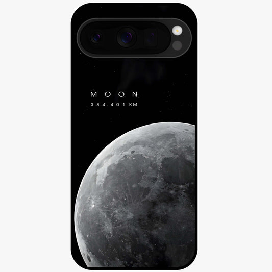 Cosmic Moon Glow Glass Case showing flat back view with glowing moon artwork and glossy glass finish.