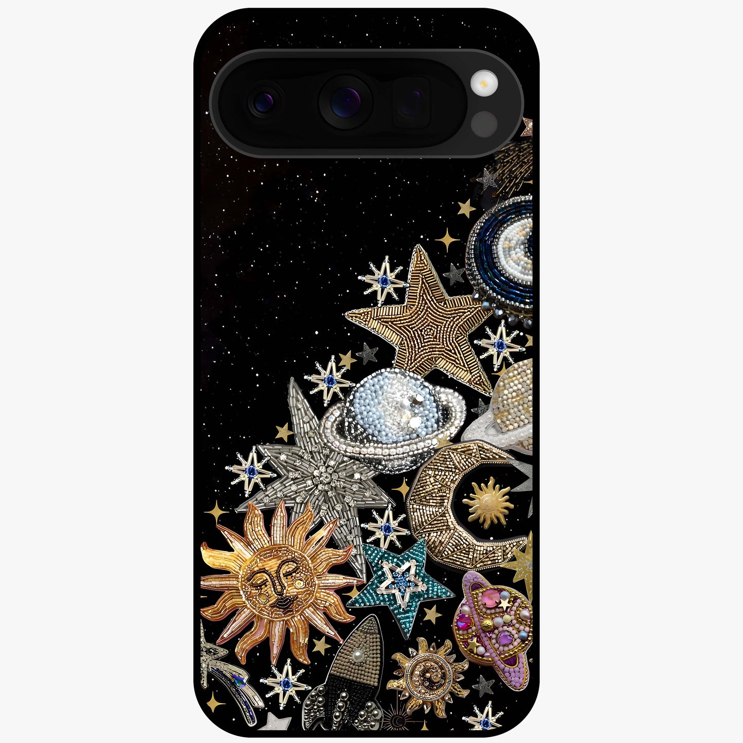 Cosmic Sparkle Dreams Glass Case showing flat back view with sparkling cosmic artwork and glossy glass finish.