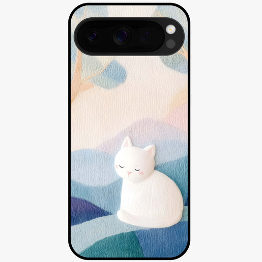Cotton Dream Cat Glass Case showing flat back view with soft dreamy cat artwork and glossy glass finish.