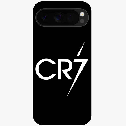 Cr7 Elite Strike Glass Case showing flat back view with dynamic football inspired artwork and glossy glass finish.