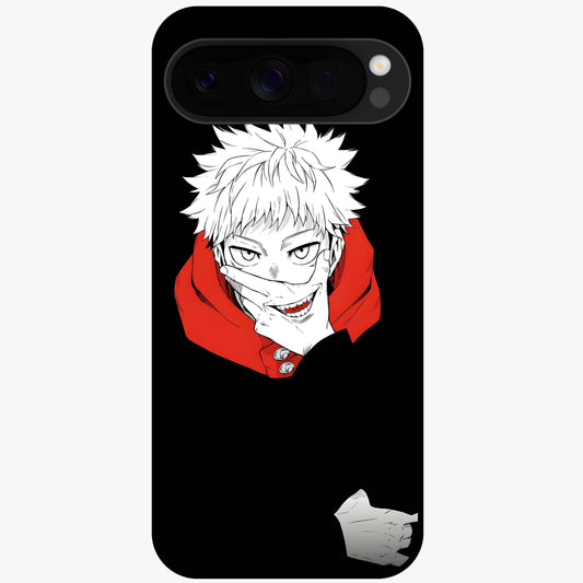 Crimson Chaos Smile Glass Case showing flat back view with bold chaotic smile artwork and glossy glass finish.