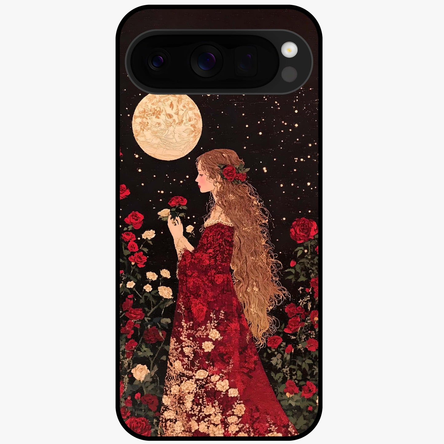 Crimson Dreams Glass Case showing flat back view with dreamy crimson artwork and glossy glass finish.