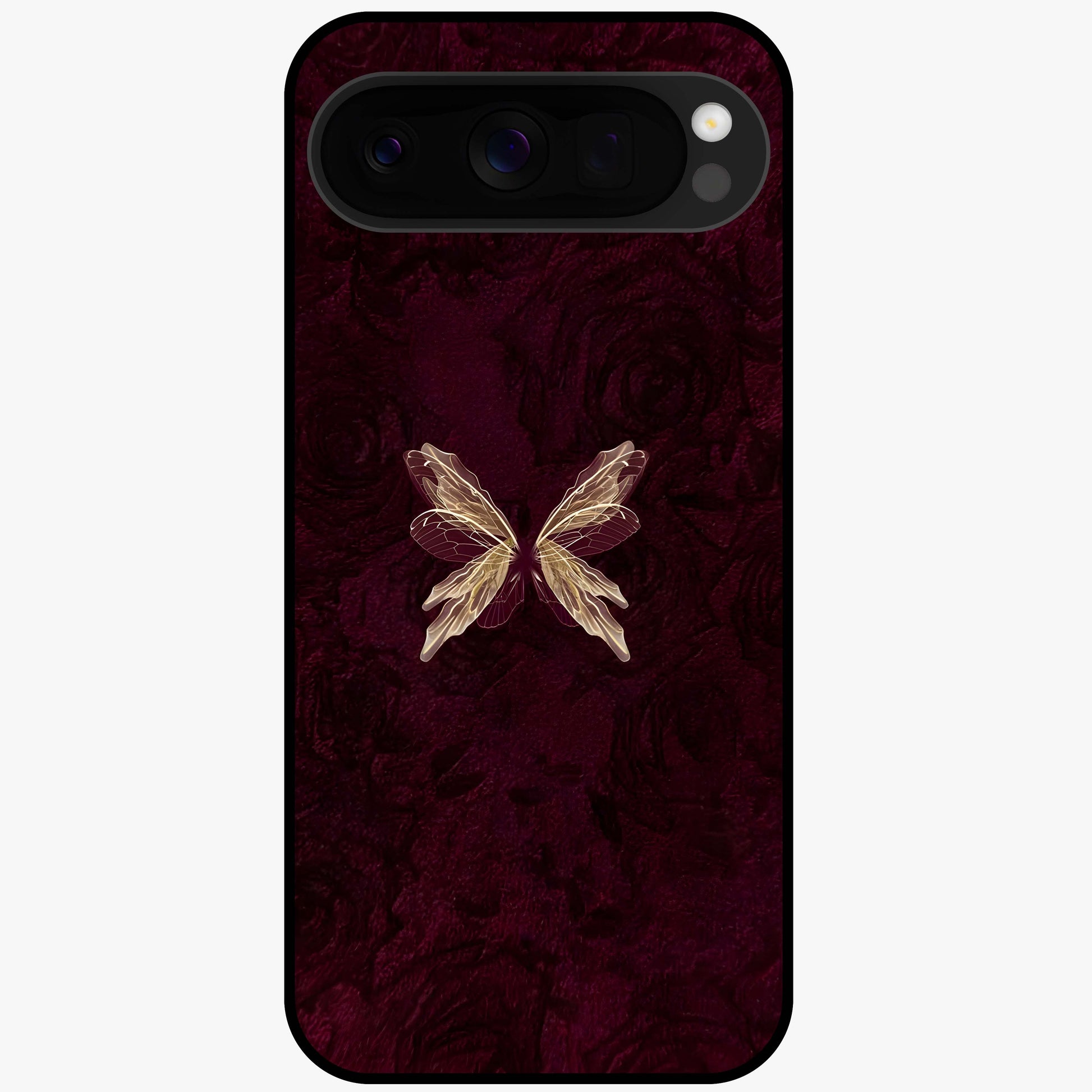 Crimson Fade Butterfly Glass Case showing flat back view with fading butterfly artwork and glossy glass finish.