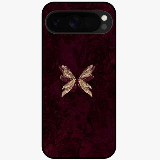 Crimson Fade Butterfly Glass Case showing flat back view with fading butterfly artwork and glossy glass finish.