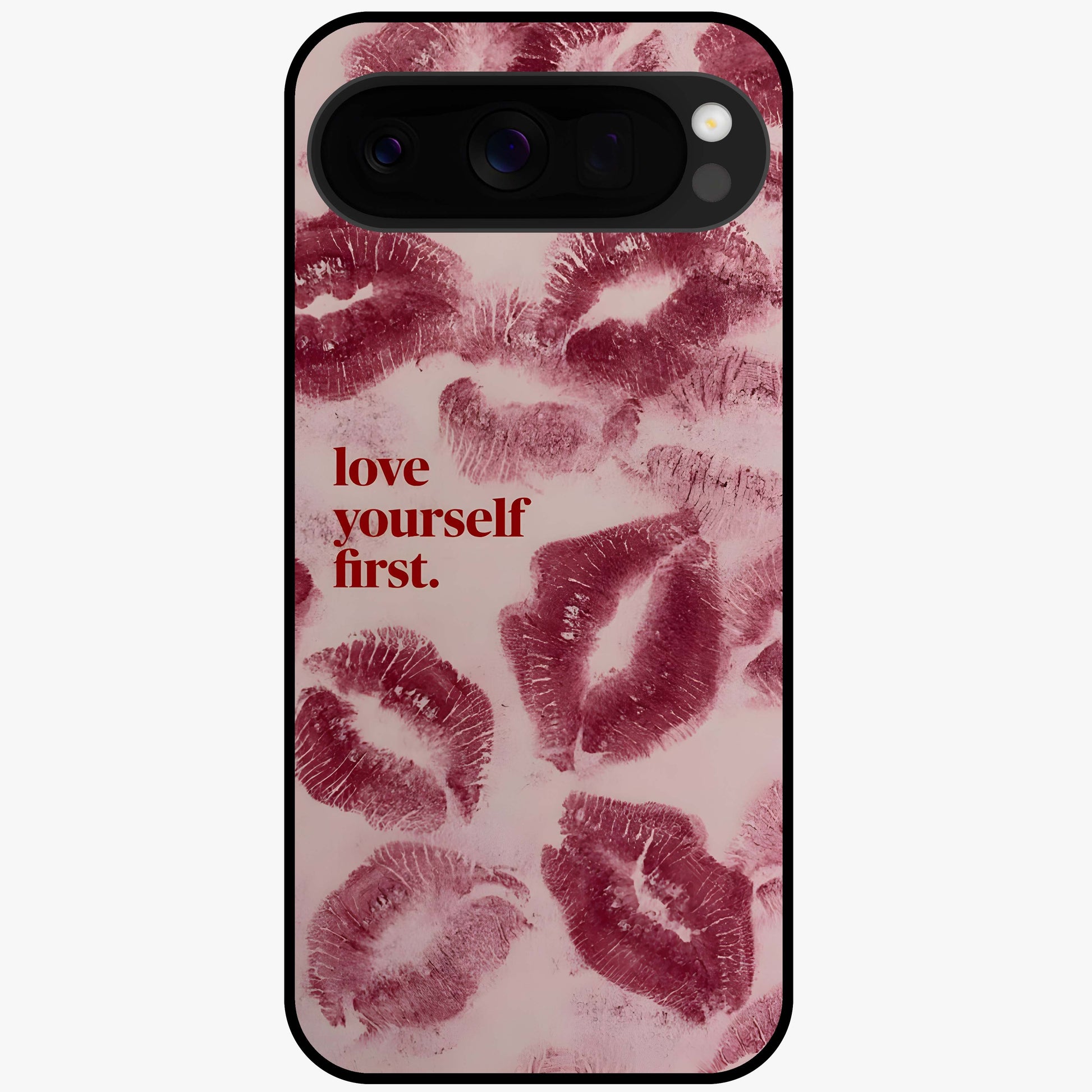 Crimson Kiss Love Glass Case showing flat back view with romantic crimson themed artwork and glossy glass finish.