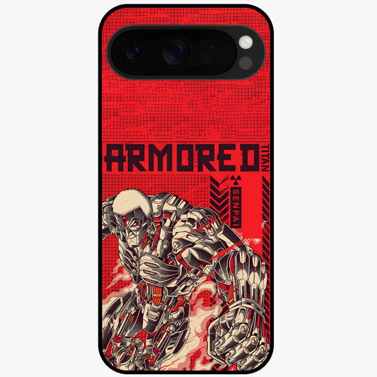 Crimson Mecha Titan Glass Case showing flat back view with powerful mech titan artwork and glossy glass finish.