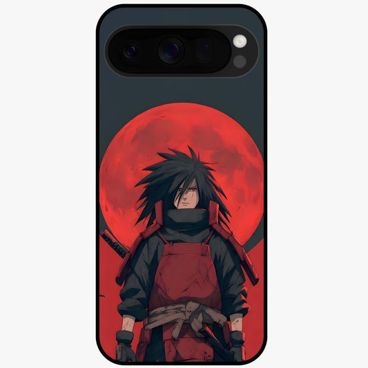 Crimson Moon Warlord Glass Case showing flat back view with mystical moon warrior artwork and glossy glass finish.