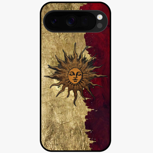 Crimson Sun Majesty Glass Case showing flat back view with radiant sun inspired artwork and glossy glass finish.