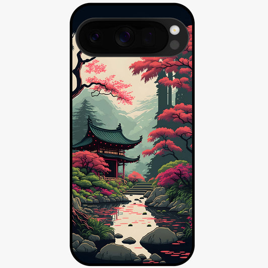 Crimson Temple View Glass Case showing flat back view with temple inspired artwork and glossy glass finish.