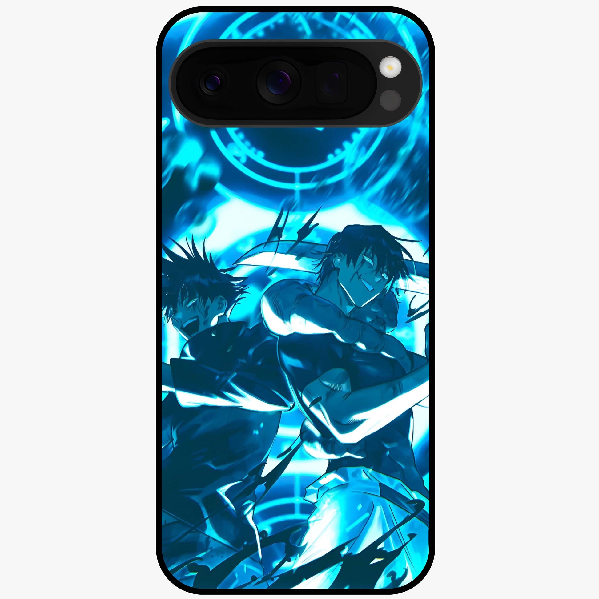 Cursed Energy Clash Glass Case showing flat back view with intense cursed energy artwork and glossy glass finish.