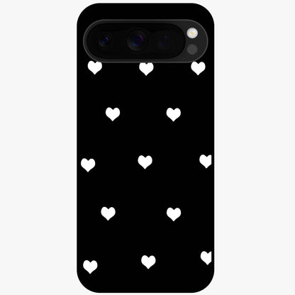Cute And Simple White Hearts Glass Case showing flat back view with minimal white heart pattern and glossy glass finish.
