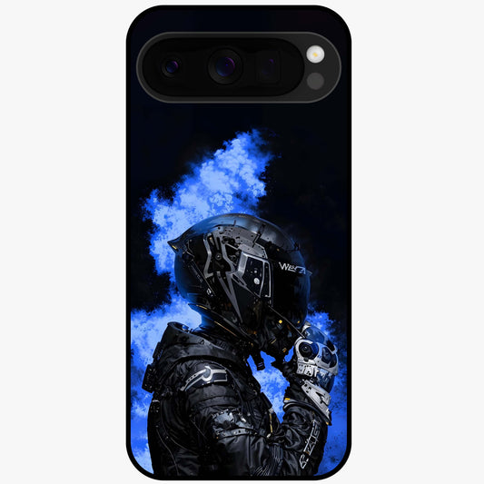 Cyber Sentinel Protocol Glass Case showing flat back view with futuristic cyber themed artwork and glossy glass finish.