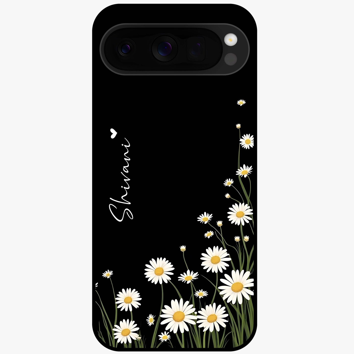 Daisy Cascade Custom Name Glass Case showing flat back view with cascading daisy flowers and personalized name design.