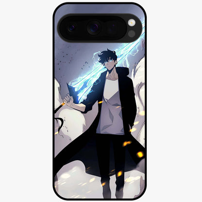 Dark Lightning Anime Warrior Glass Case showing flat back view with intense anime warrior artwork and glossy glass finish.