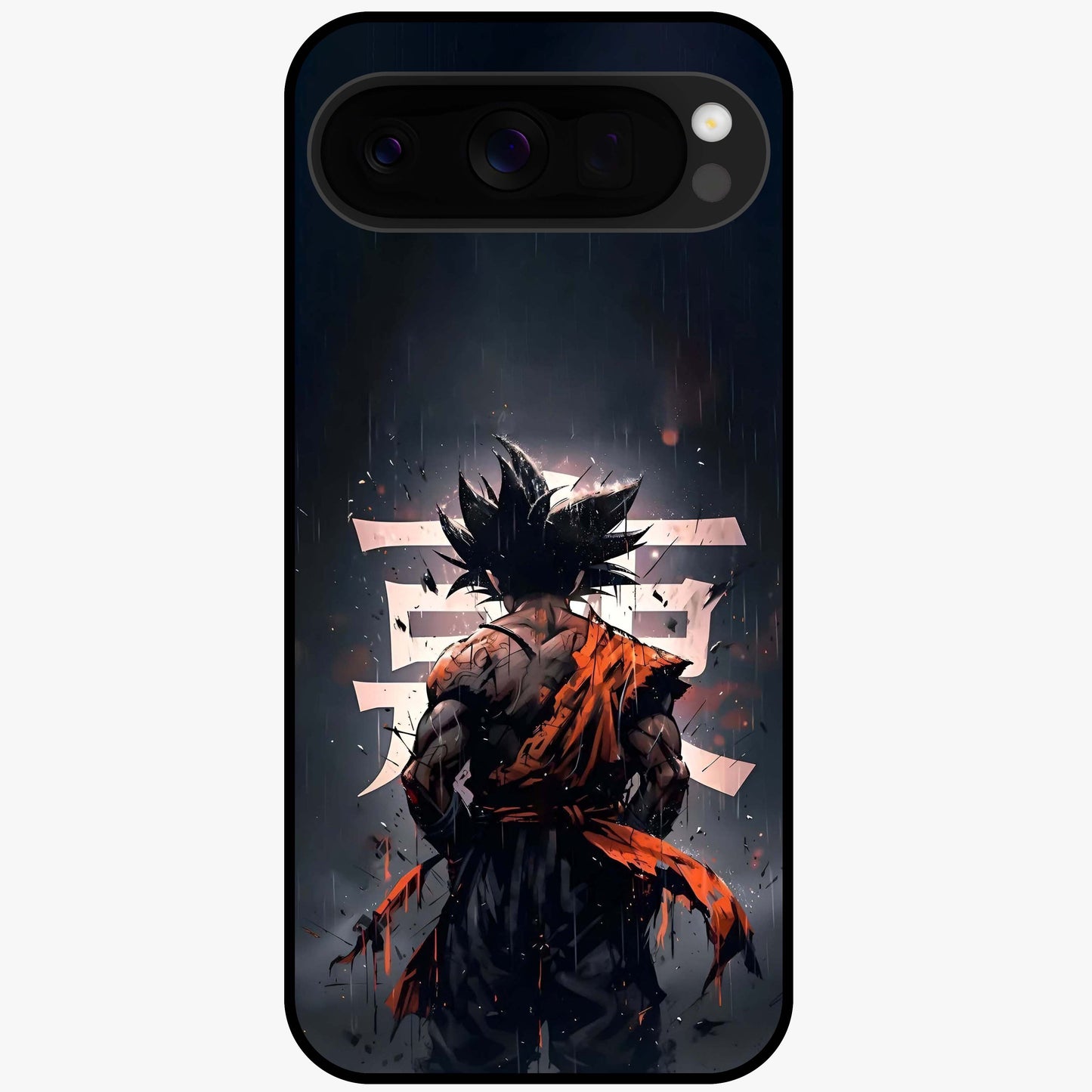 Dark Warrior In Rain Glass Case showing flat back view with warrior artwork in rainy atmosphere and glossy glass finish.
