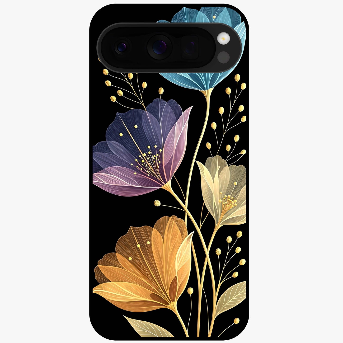 Delicate Multicolor Flowers Glass Case showing flat back view with vibrant floral artwork and glossy glass finish.