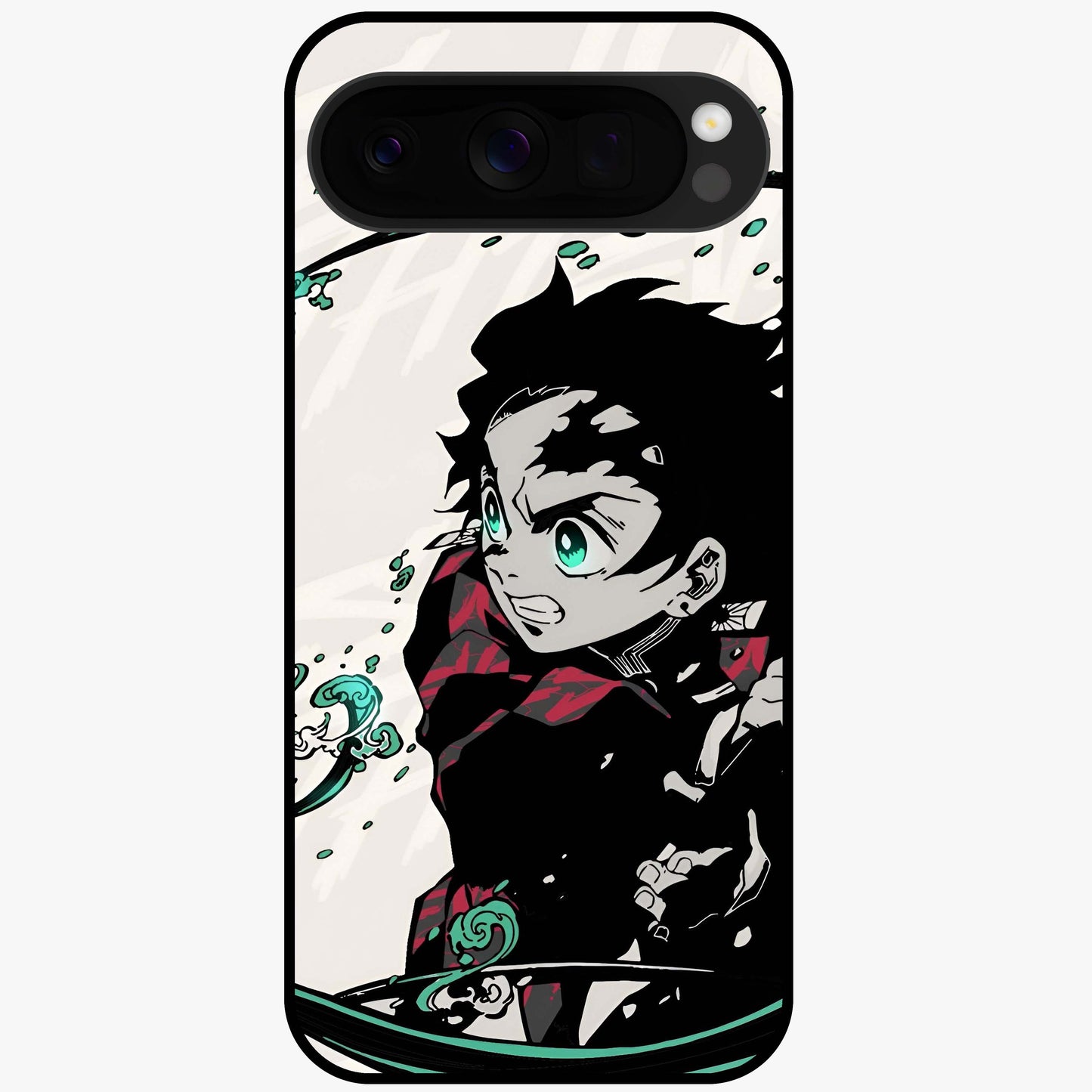 Demon Slayer Glass Case showing flat back view with bold anime inspired artwork and glossy glass finish.