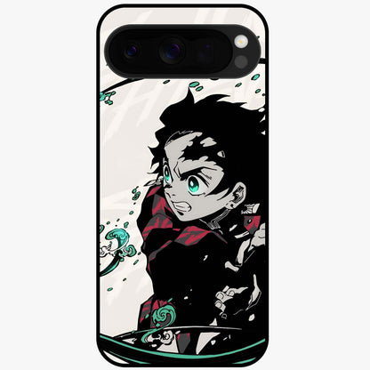 Demon Slayer Glass Case showing flat back view with bold anime inspired artwork and glossy glass finish.