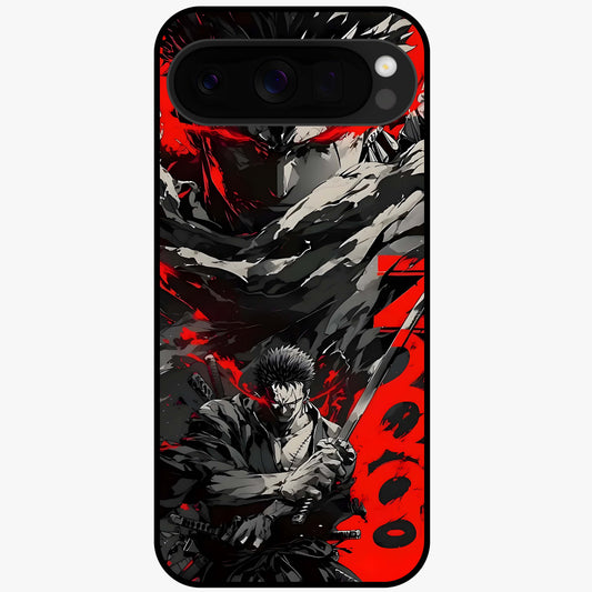 Demon Sword Resolve Glass Case showing flat back view with fierce sword warrior artwork and glossy glass finish.
