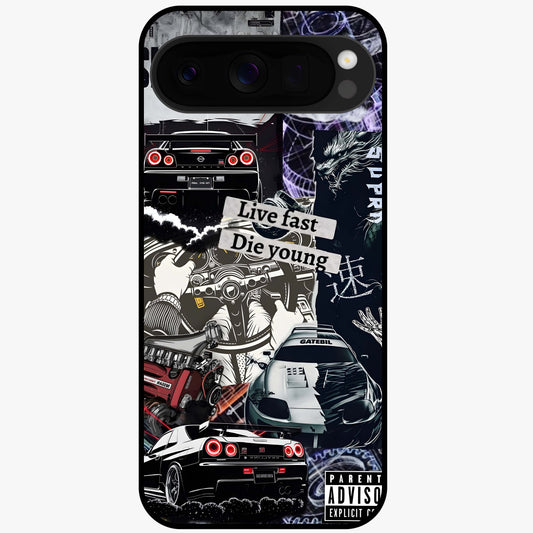 Die Young Glass Case showing flat back view with bold artistic typography design and glossy glass finish.