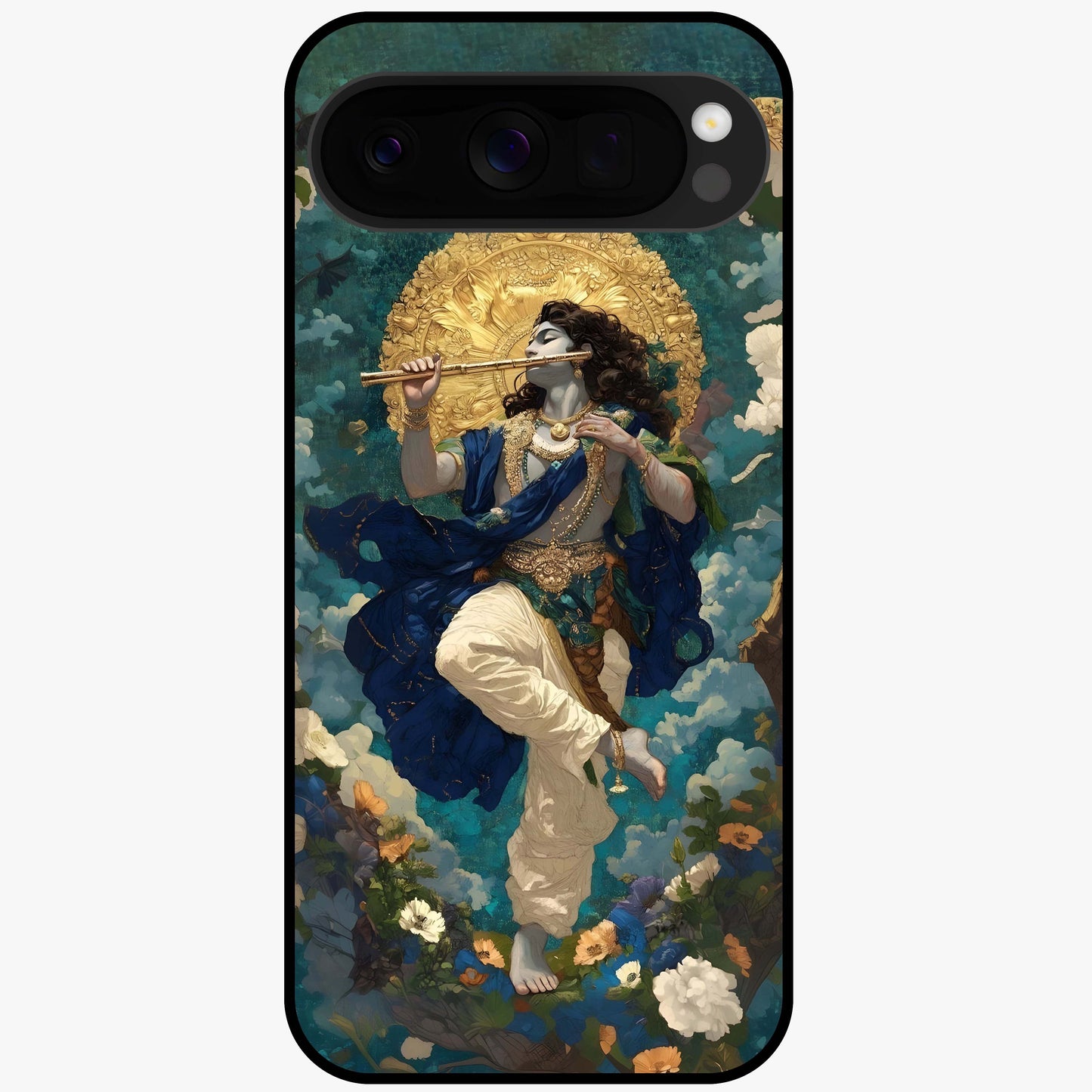 Divine Krishna Art Glass Case showing flat back view with Lord Krishna artwork and glossy glass finish.