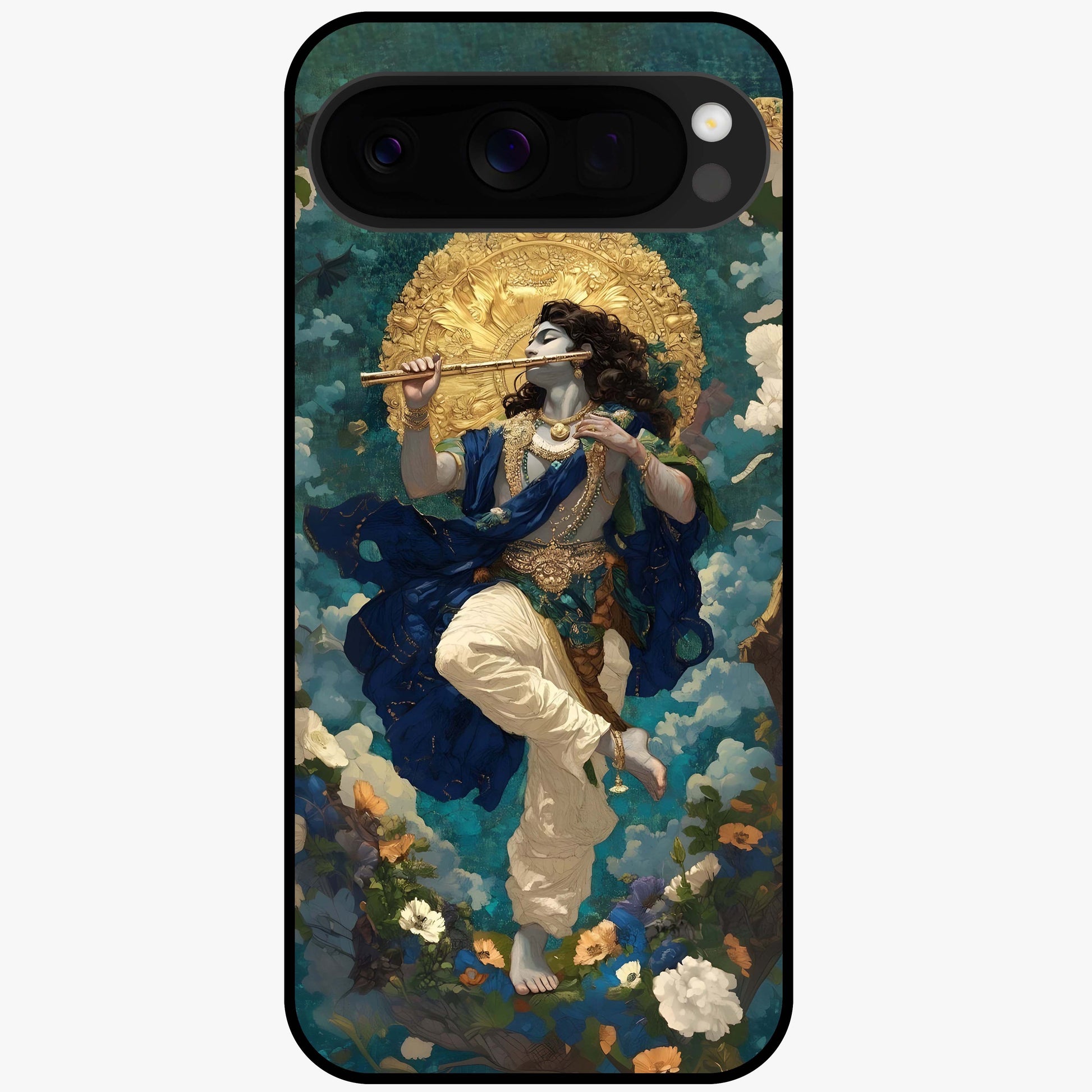 Divine Krishna Art Glass Case showing flat back view with Lord Krishna artwork and glossy glass finish.