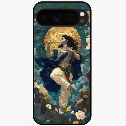 Divine Krishna Art Glass Case showing flat back view with Lord Krishna artwork and glossy glass finish.