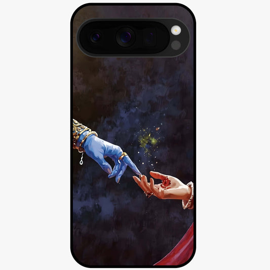 Divine Touch Eternal Glass Case showing flat back view with spiritual themed artwork and glossy glass finish.