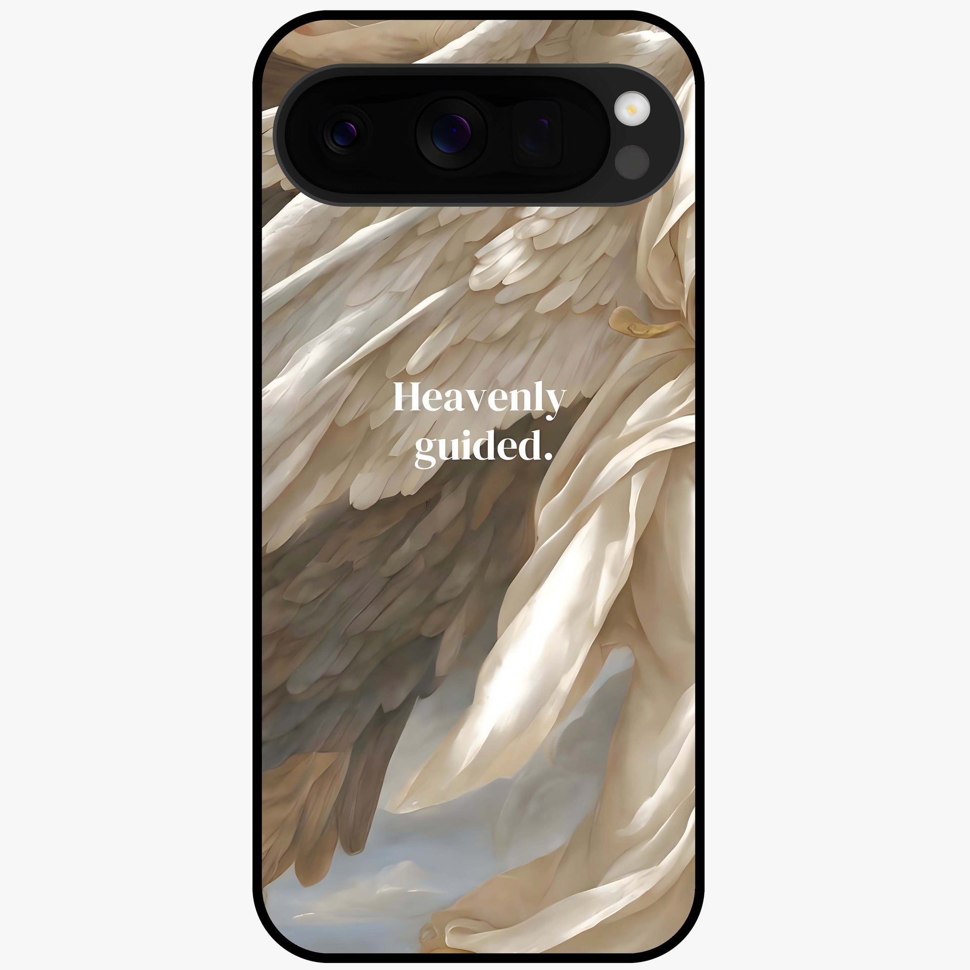 Divine Winged Grace Glass Case showing flat back view with elegant wing inspired artwork and glossy glass finish.