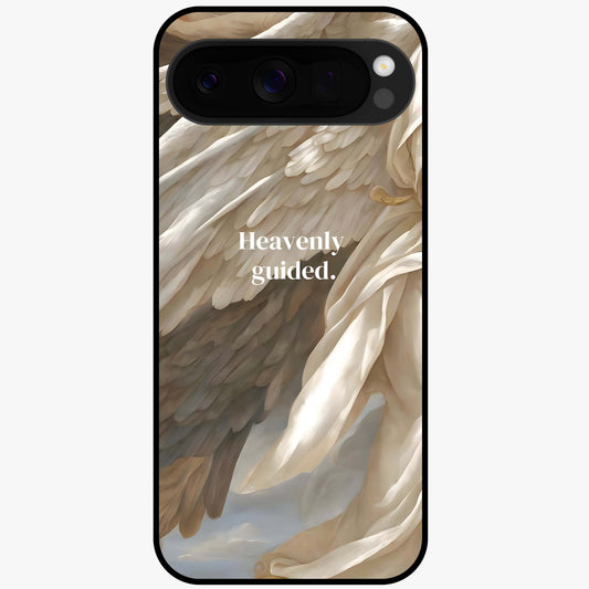Divine Winged Grace Glass Case showing flat back view with elegant wing inspired artwork and glossy glass finish.