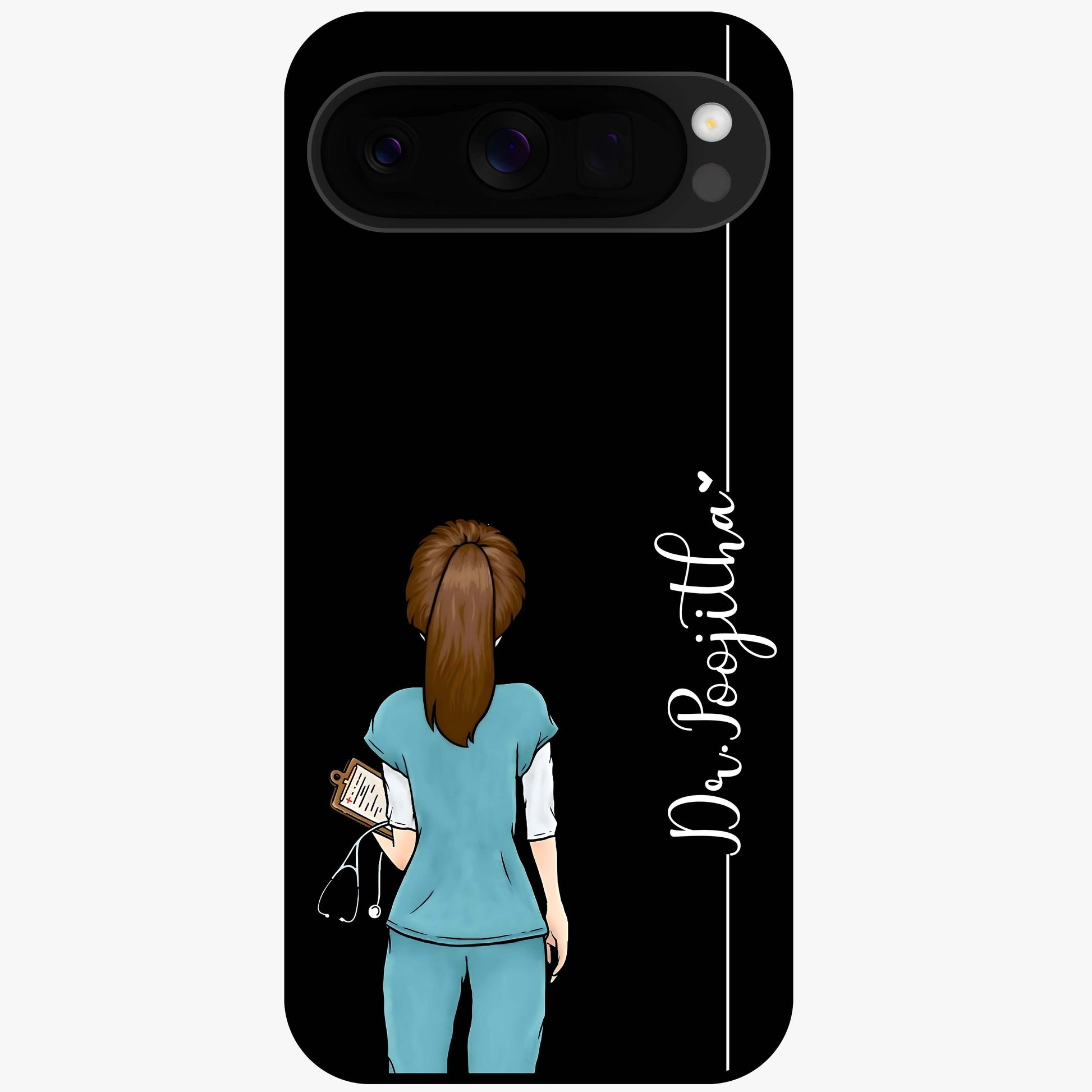 Doctor Pattern Custom Name Glass Case showing flat back view with medical themed pattern and personalized name design.