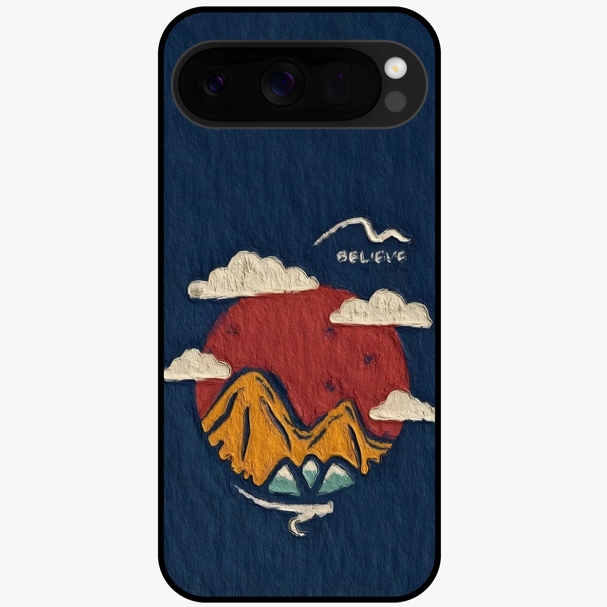 Dream Beyond Mountains Glass Case showing flat back view with scenic mountain landscape artwork and glossy glass finish.