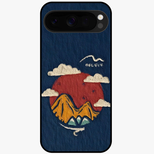 Dream Beyond Mountains Glass Case showing flat back view with scenic mountain landscape artwork and glossy glass finish.