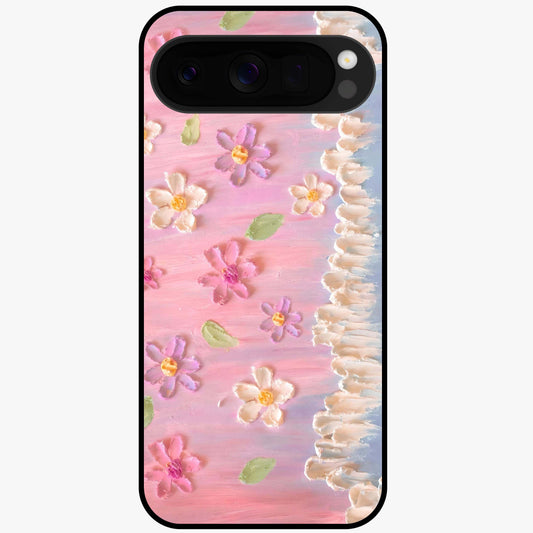 Dreamy Painted Garden Glass Case showing flat back view with artistic painted floral garden artwork and glossy glass finish.