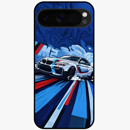Drift Power Rush Glass Case showing flat back view with dynamic racing inspired artwork and glossy glass finish.