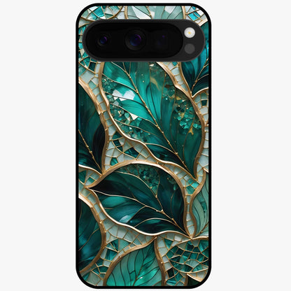 Emerald Leaf Glass Glass Case showing flat back view with emerald green leaf artwork and glossy glass finish.