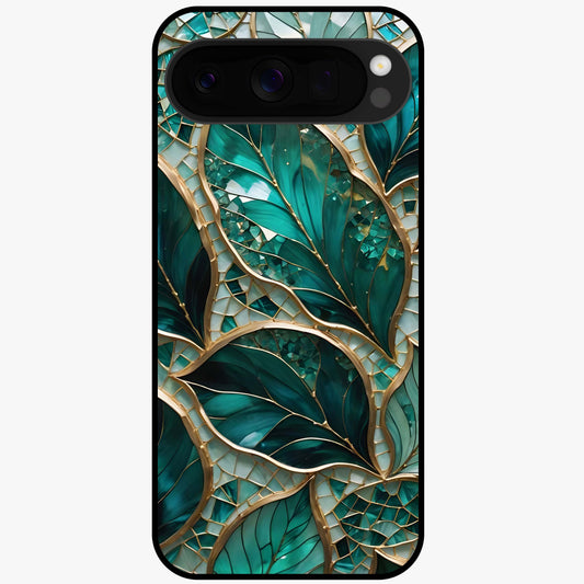 Emerald Leaf Glass Glass Case showing flat back view with emerald green leaf artwork and glossy glass finish.