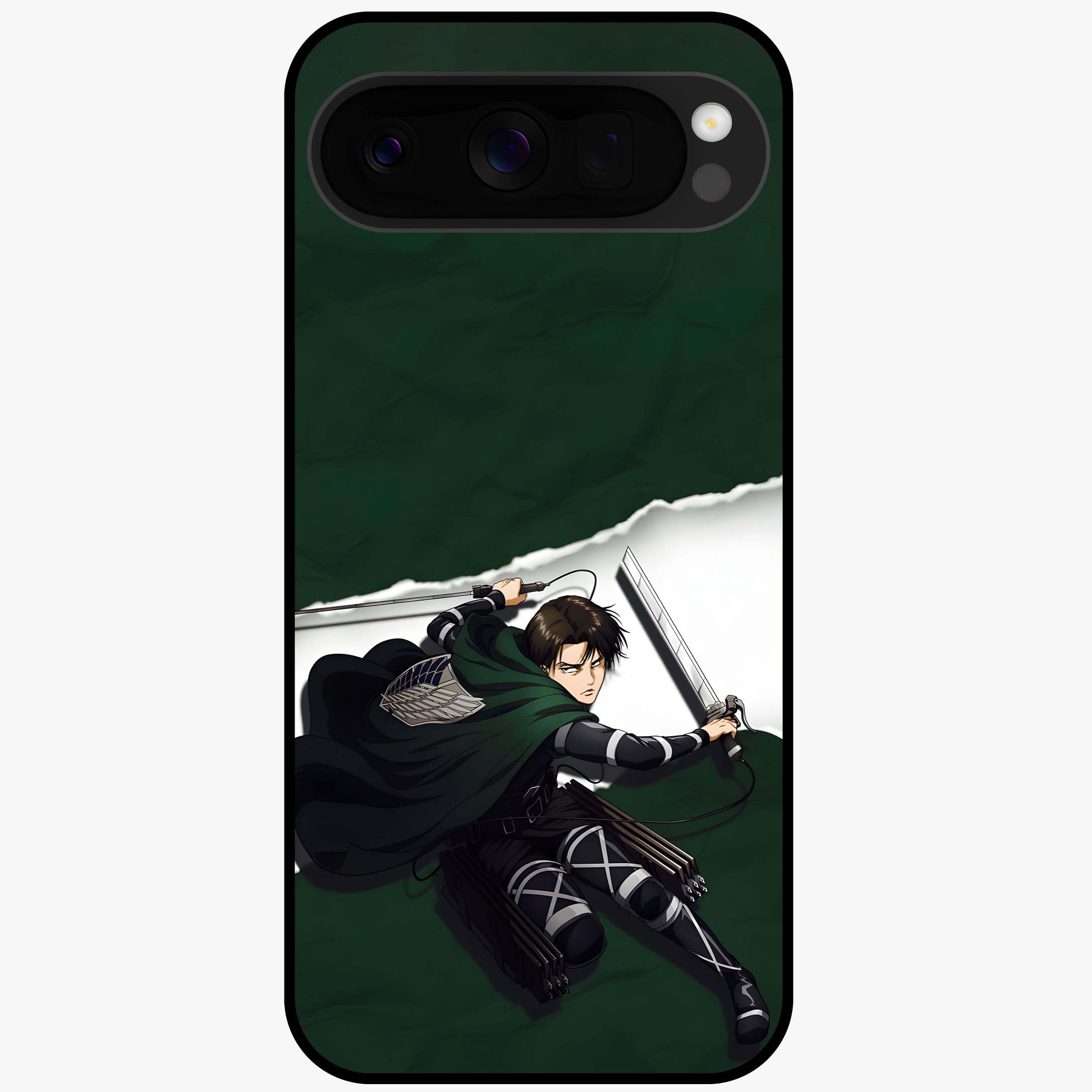 Emerald War Vanguard Glass Case showing flat back view with powerful warrior themed artwork and glossy glass finish.