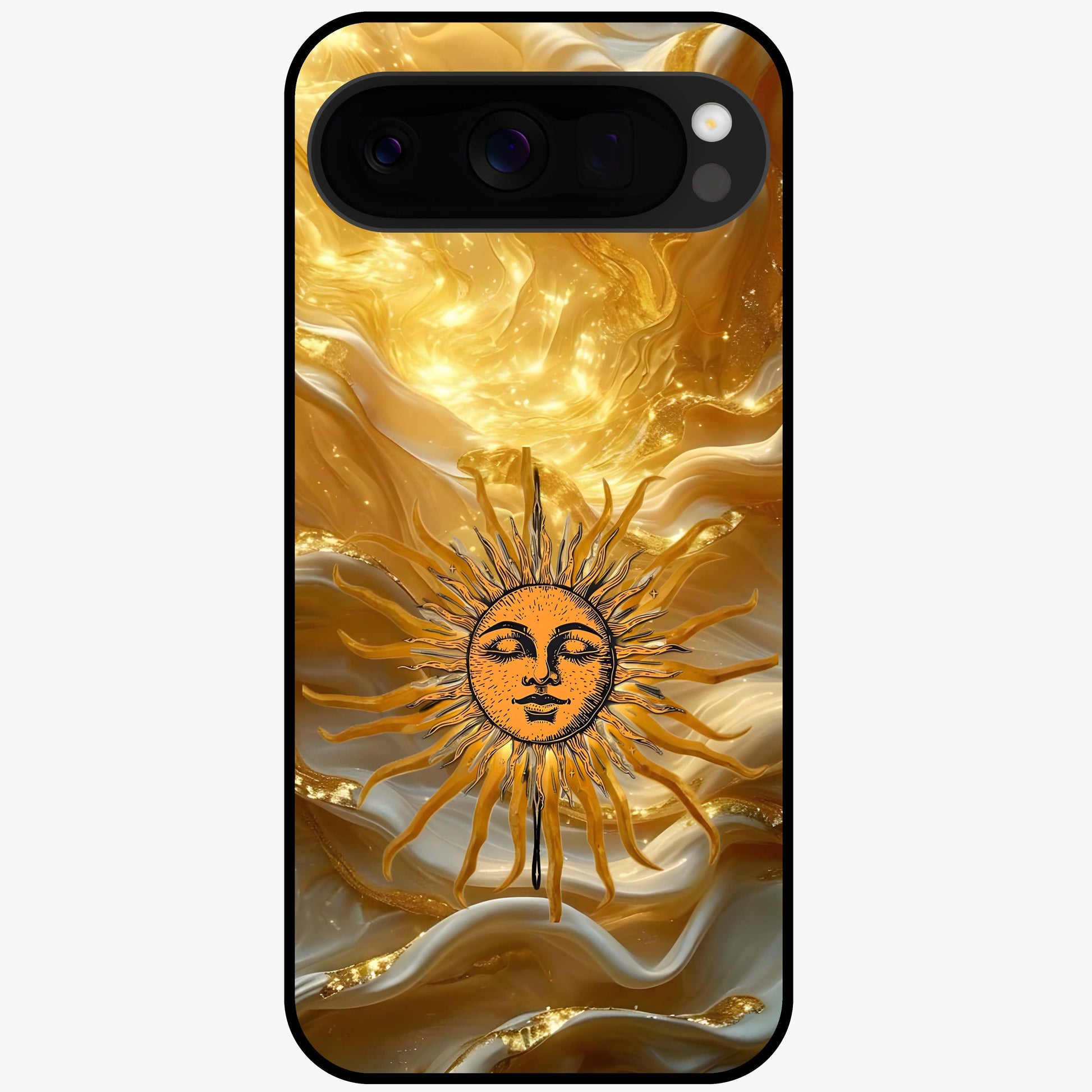 Eternal Golden Glow Glass Case showing flat back view with radiant golden themed artwork and glossy glass finish.