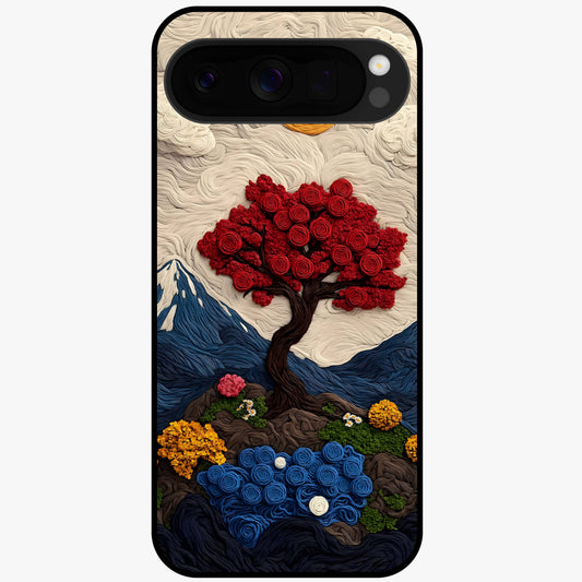 Eternal Nature Tapestry Glass Case showing flat back view with intricate nature tapestry artwork and glossy glass finish.