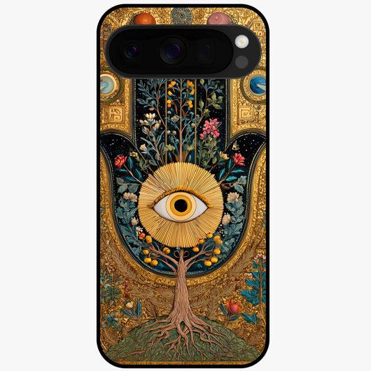 Ethereal Evil Eye Glass Case showing flat back view with mystical evil eye artwork and glossy glass finish.