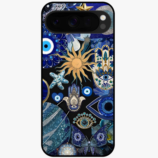 Evil Eye Charm Mix Glass Case showing flat back view with multiple evil eye charms artwork and glossy glass finish.