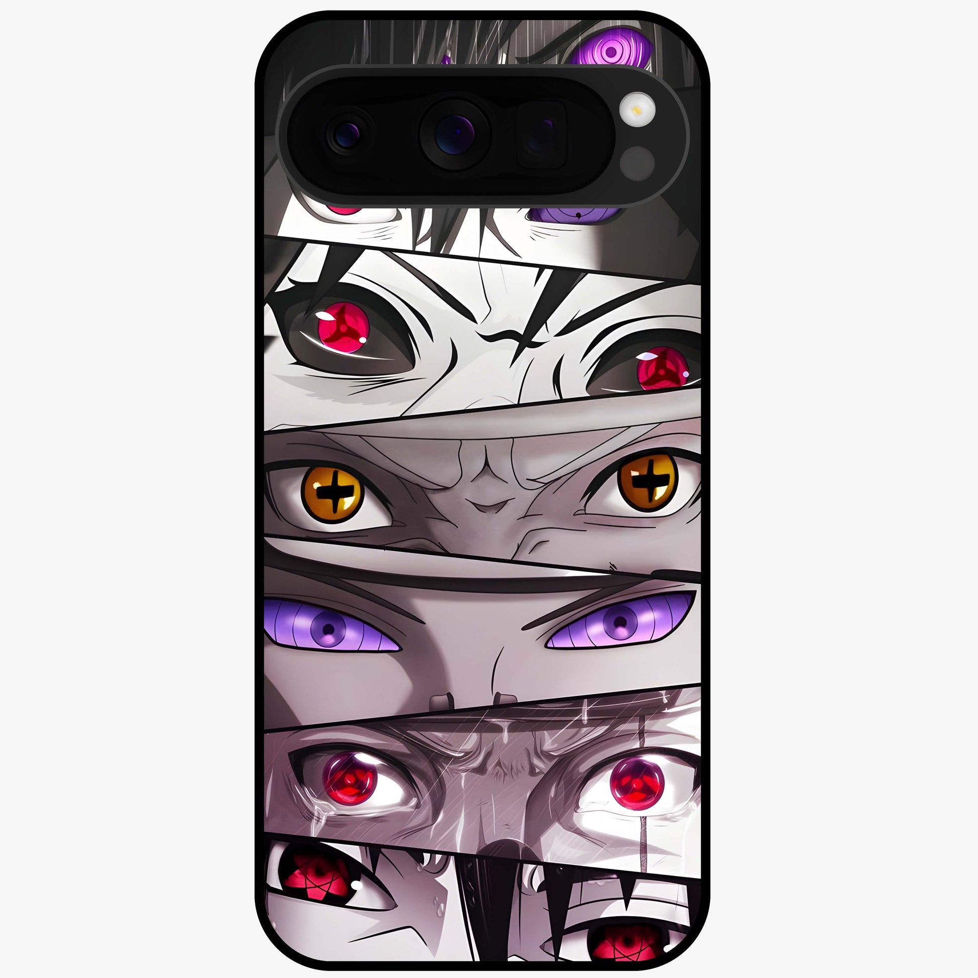 Eyes of Destiny Glass Case showing flat back view with striking eye themed artwork and glossy glass finish.