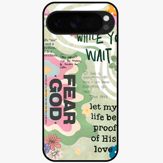 Faith Over Fear Glass Case showing flat back view with motivational typography artwork and glossy glass finish.