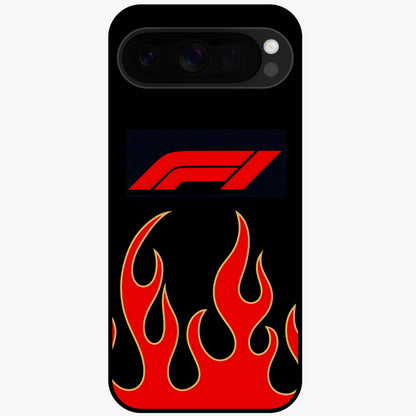 Fire F11 Glass Case showing flat back view with fiery themed artwork and glossy glass finish.