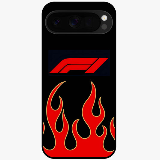 Fire F11 Glass Case showing flat back view with fiery themed artwork and glossy glass finish.