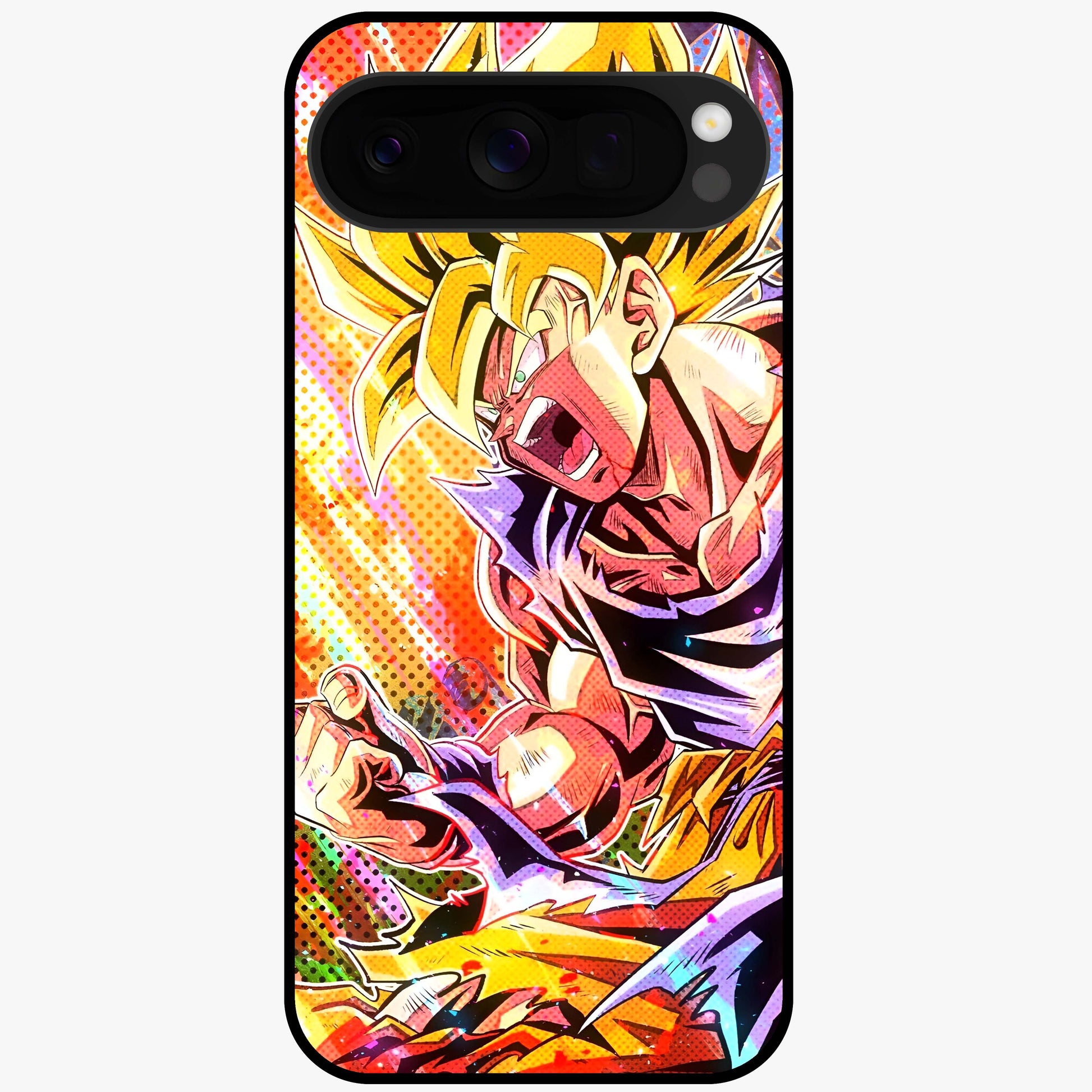 Firing Goku Glass Case showing flat back view with powerful anime inspired artwork and glossy glass finish.
